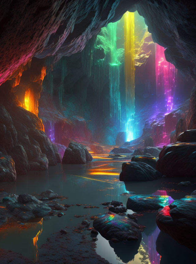 Vibrant illuminated cave with colorful lighting on stalactites and water