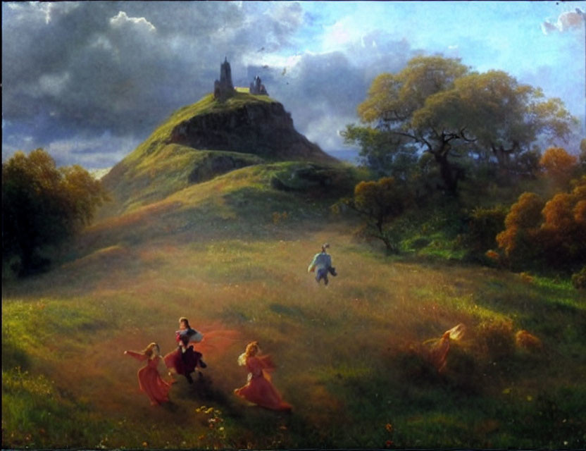 Children playing in a field near castle on hill under cloudy sky