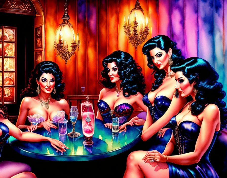 Four Women in Blue Dresses at Retro Bar Table with Drinks