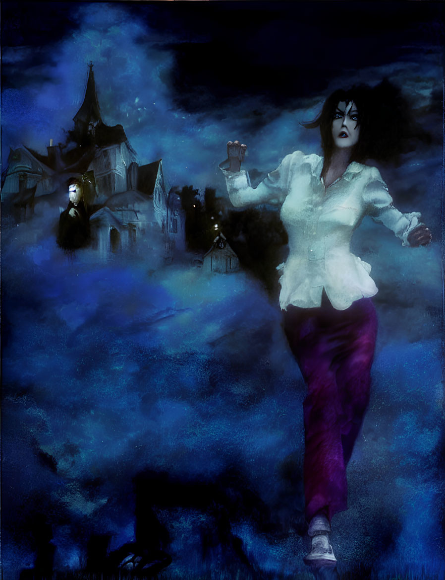 Gothic scene with pale woman, misty church in dark blue hues