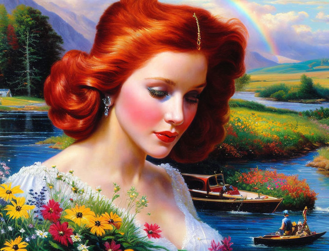 Red-haired woman with flowers, rainbow, and river in a painting