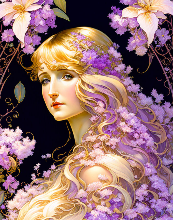 Illustration of woman with golden hair and purple flowers on dark background with pink flora