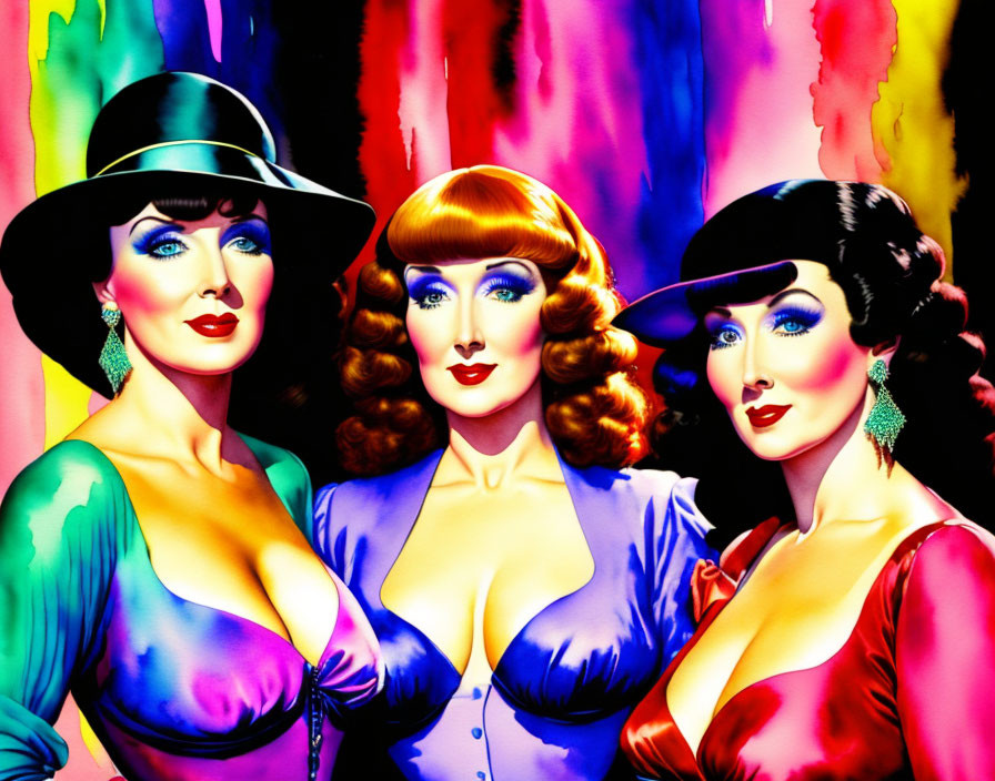 Three glamorous women in vintage style with vibrant makeup and attire on colorful dripping paint backdrop