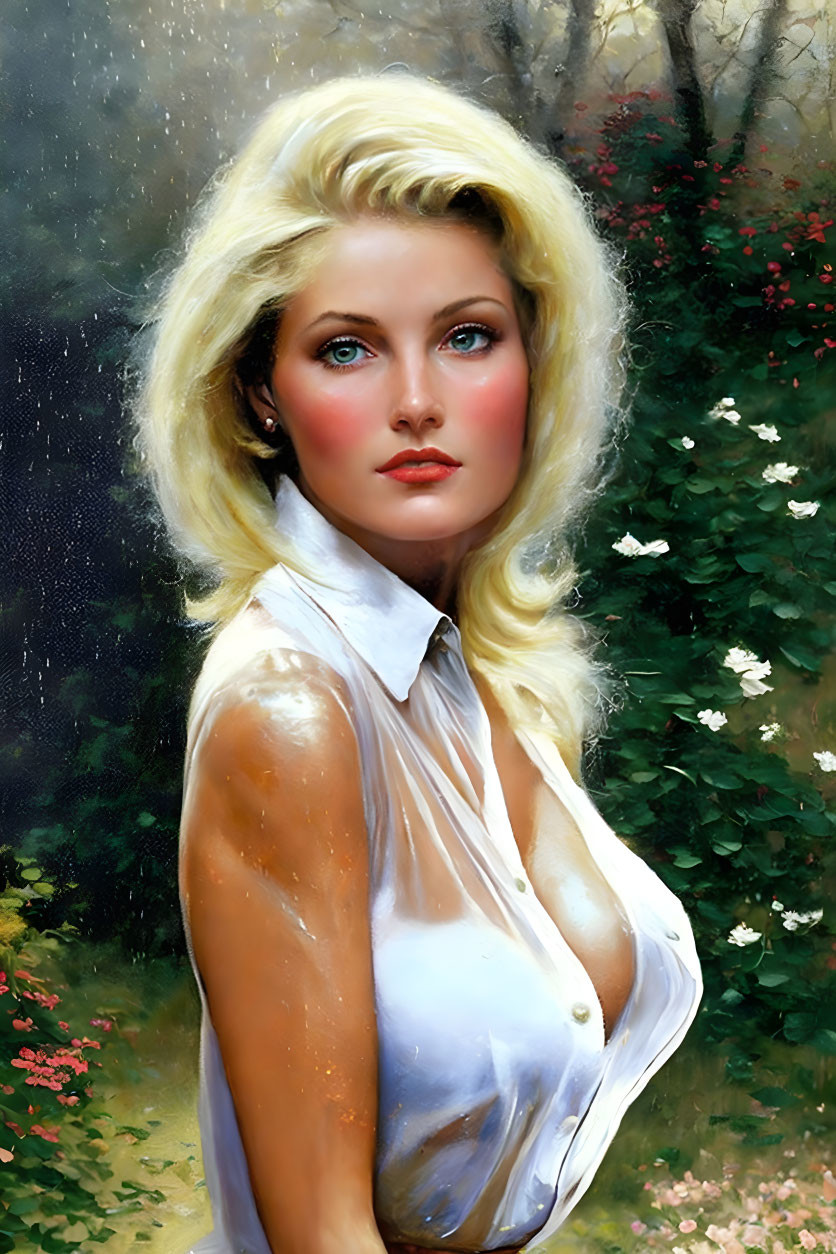 Blonde Woman Portrait with Red Lipstick in White Blouse