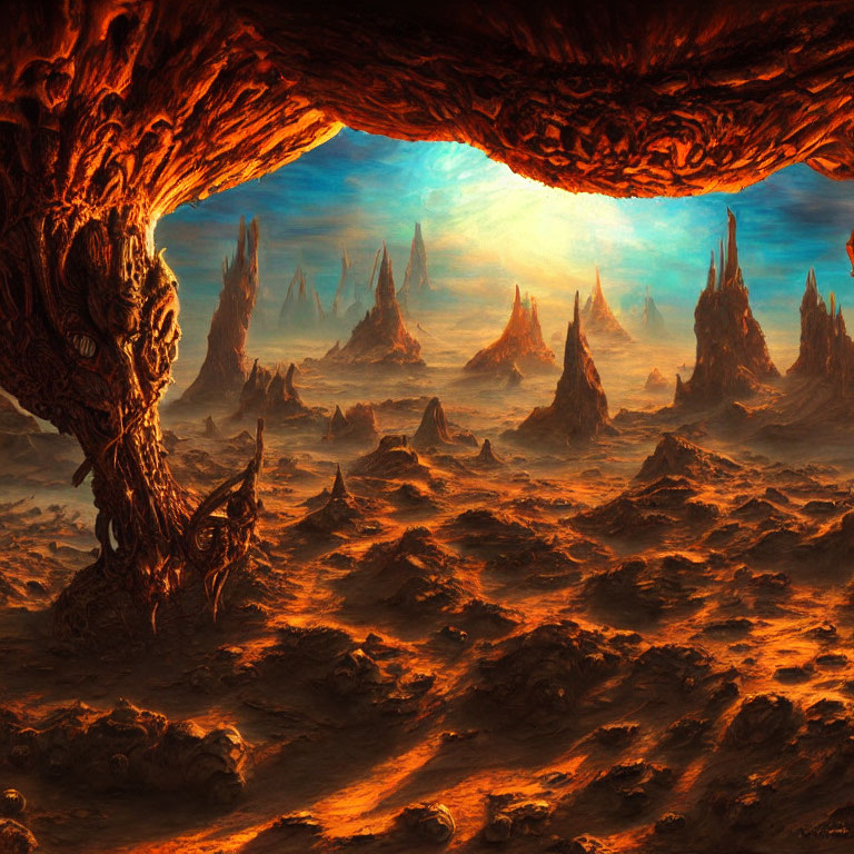 Fantastical landscape with towering spires and twisted tree on reddish barren terrain.