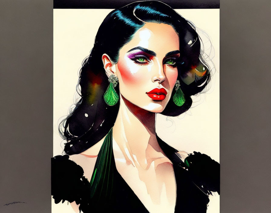 Stylized illustrated portrait of woman with dramatic makeup and red lips