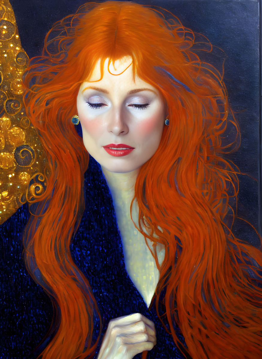 Portrait of woman with red hair, blue eyes, in blue garment, against gold background