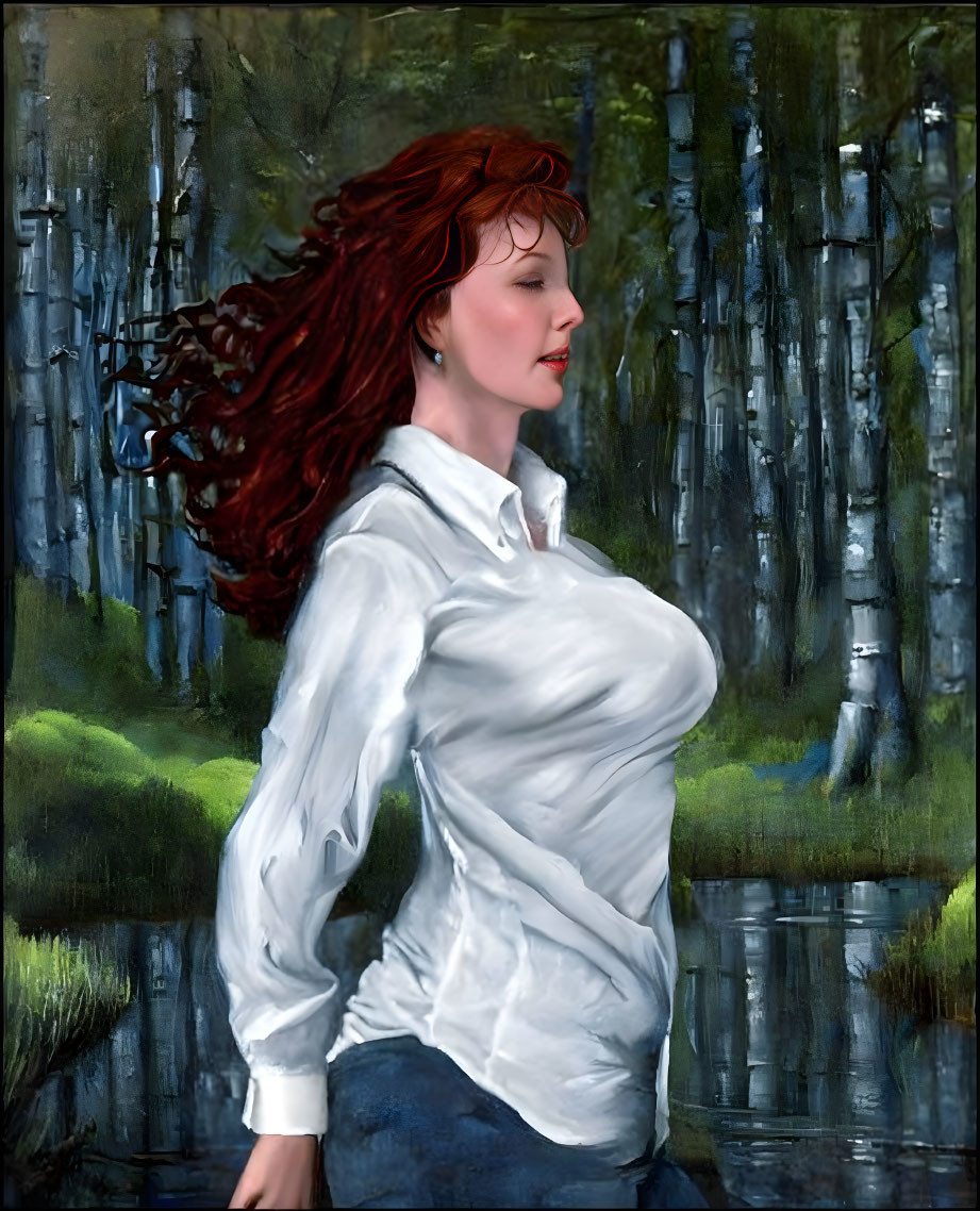 Red-haired woman in white blouse against forest backdrop with water reflection