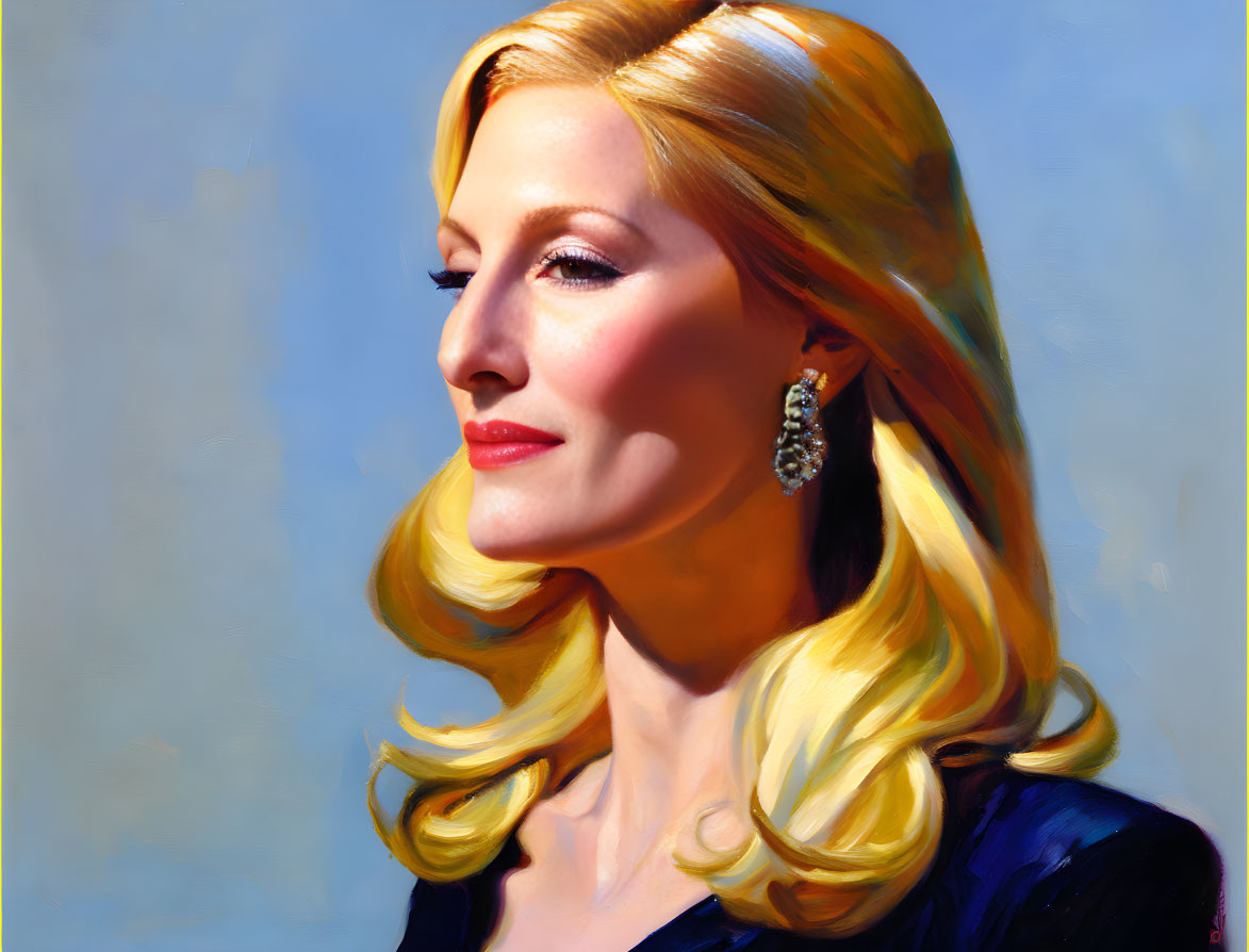 Blonde Woman Portrait with Earrings on Blue Background