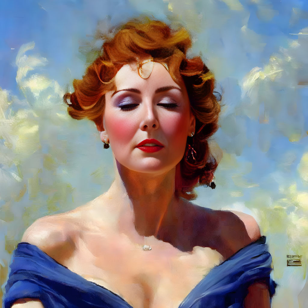 Red-haired woman in updo and blue outfit against cloud background