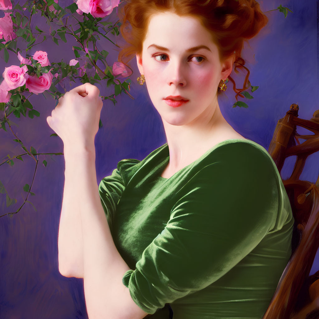 Red-haired woman in green velvet dress posing near pink roses - classical portrait vibe