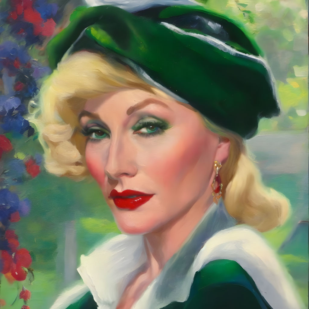 Blonde woman in green hat with red lipstick and earring portrait