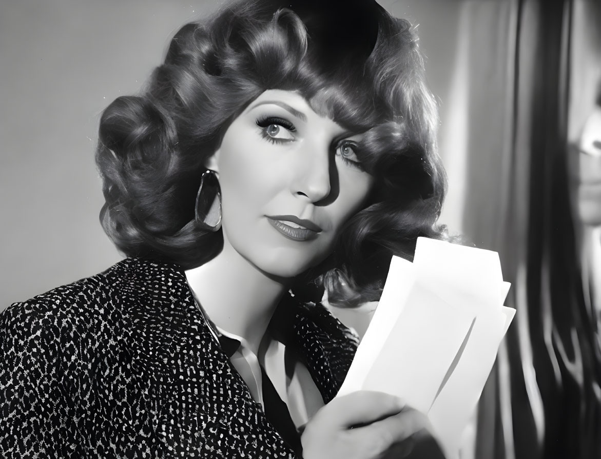 Vintage Black-and-White Photo of Glamorous Woman with Wavy Hair and Hoop Earrings Holding