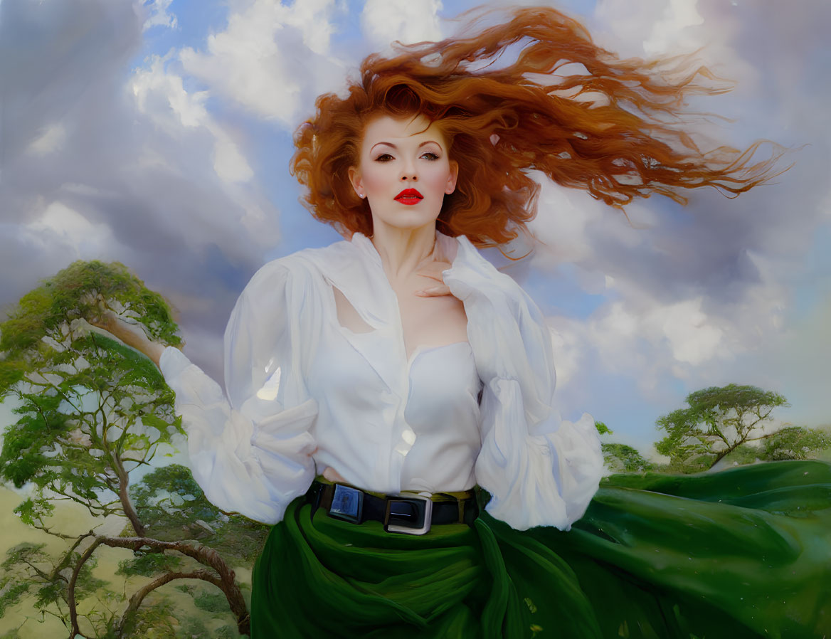 Red-haired woman in white blouse and green skirt standing outdoors with wind-swept hair and cloudy sky