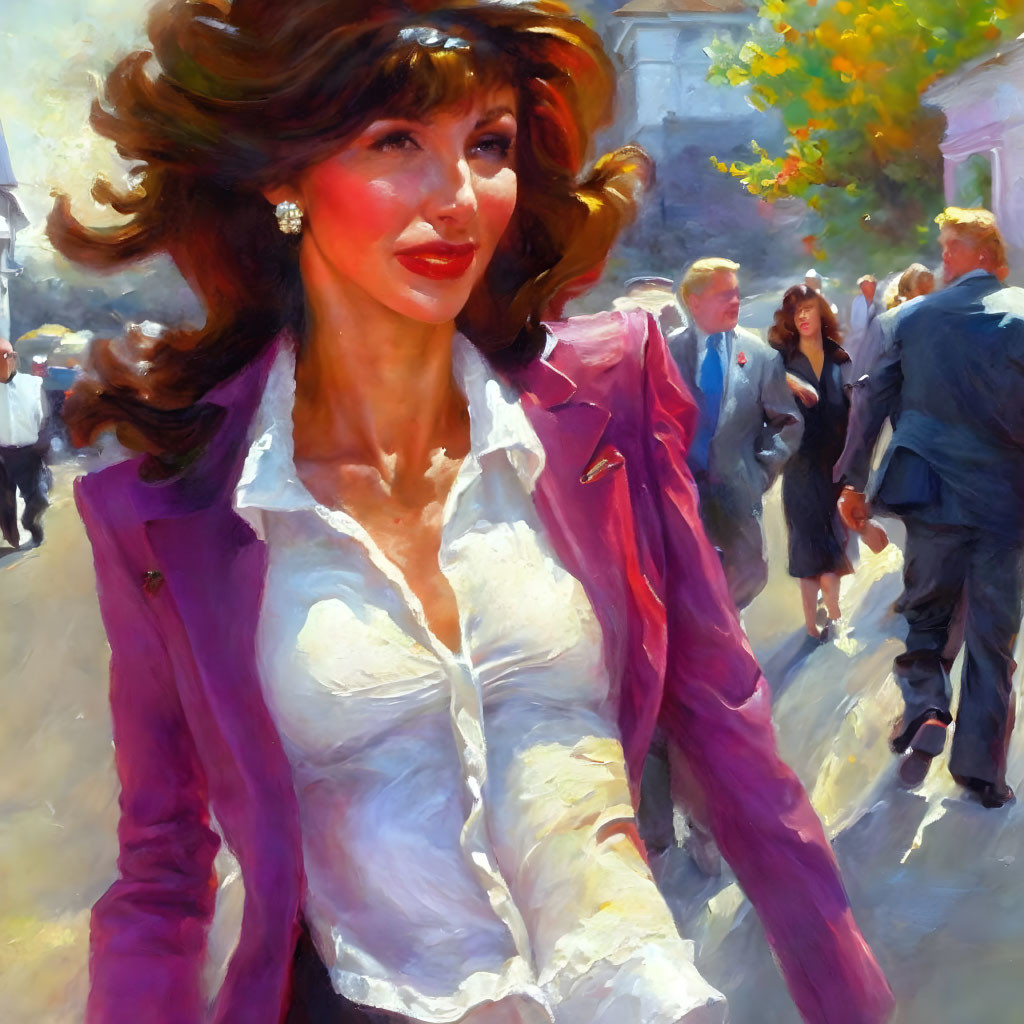 Smiling woman with voluminous hair in stylish attire walking on sunlit street