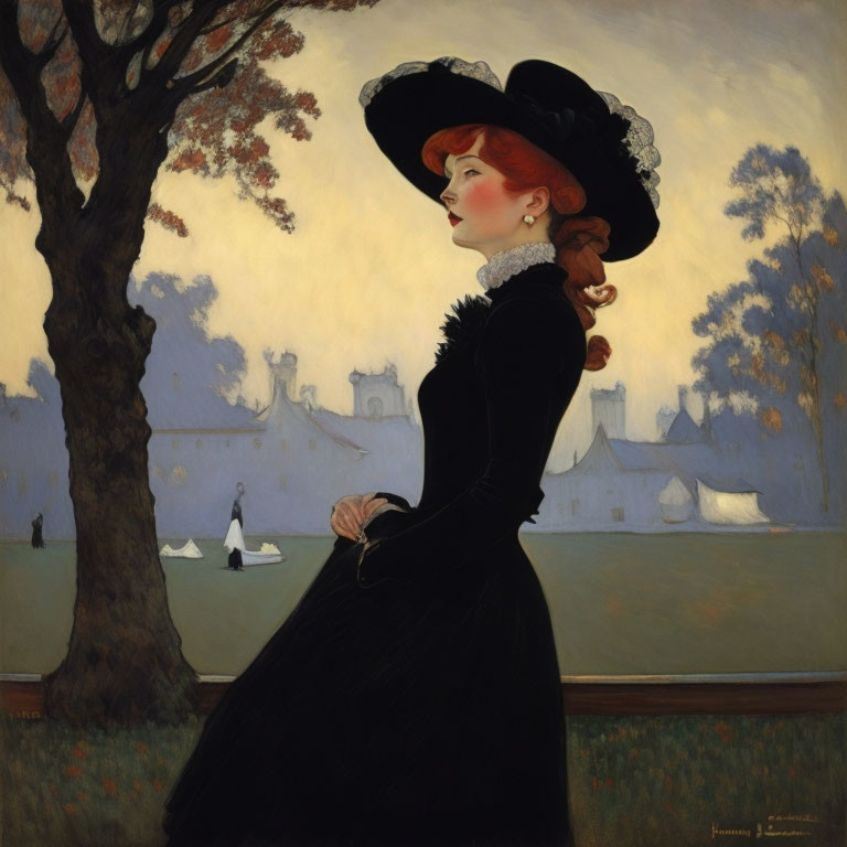 Red-haired woman in black dress and hat in field with tree, figures, and houses.