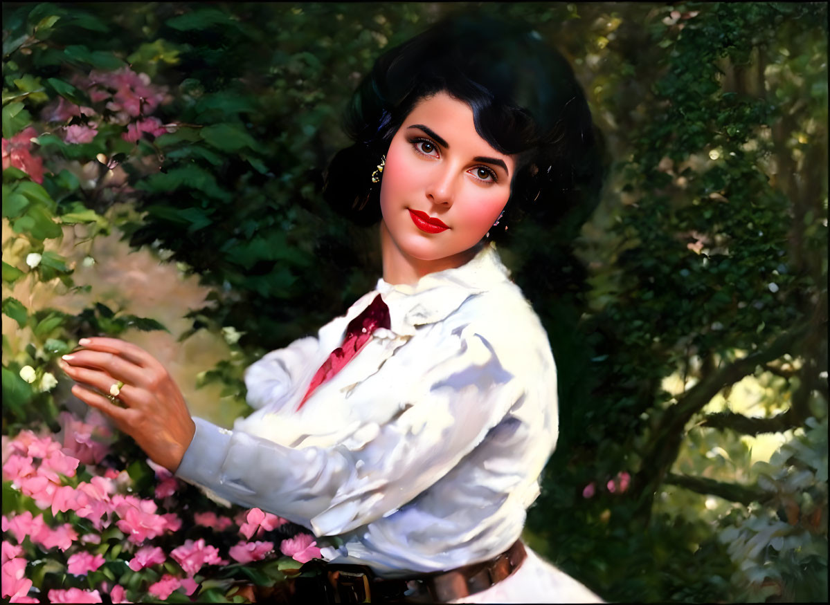 Portrait of woman with dark hair, red lipstick, white shirt, red tie, surrounded by pink flowers