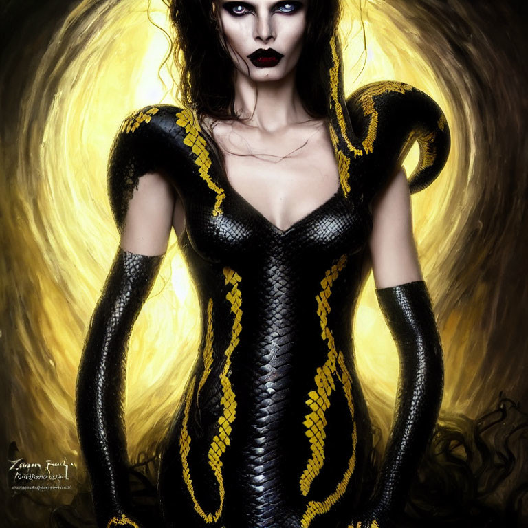 Woman in Snake-Themed Bodysuit on Golden Swirl Background