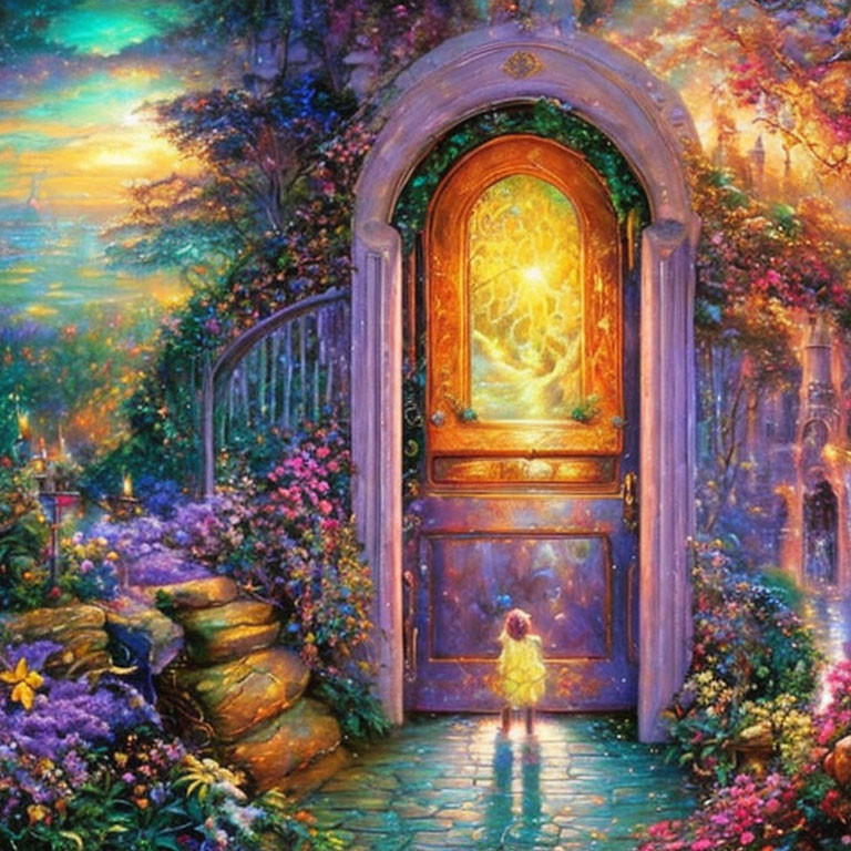 Vibrant fantasy painting of child by glowing door in magical garden