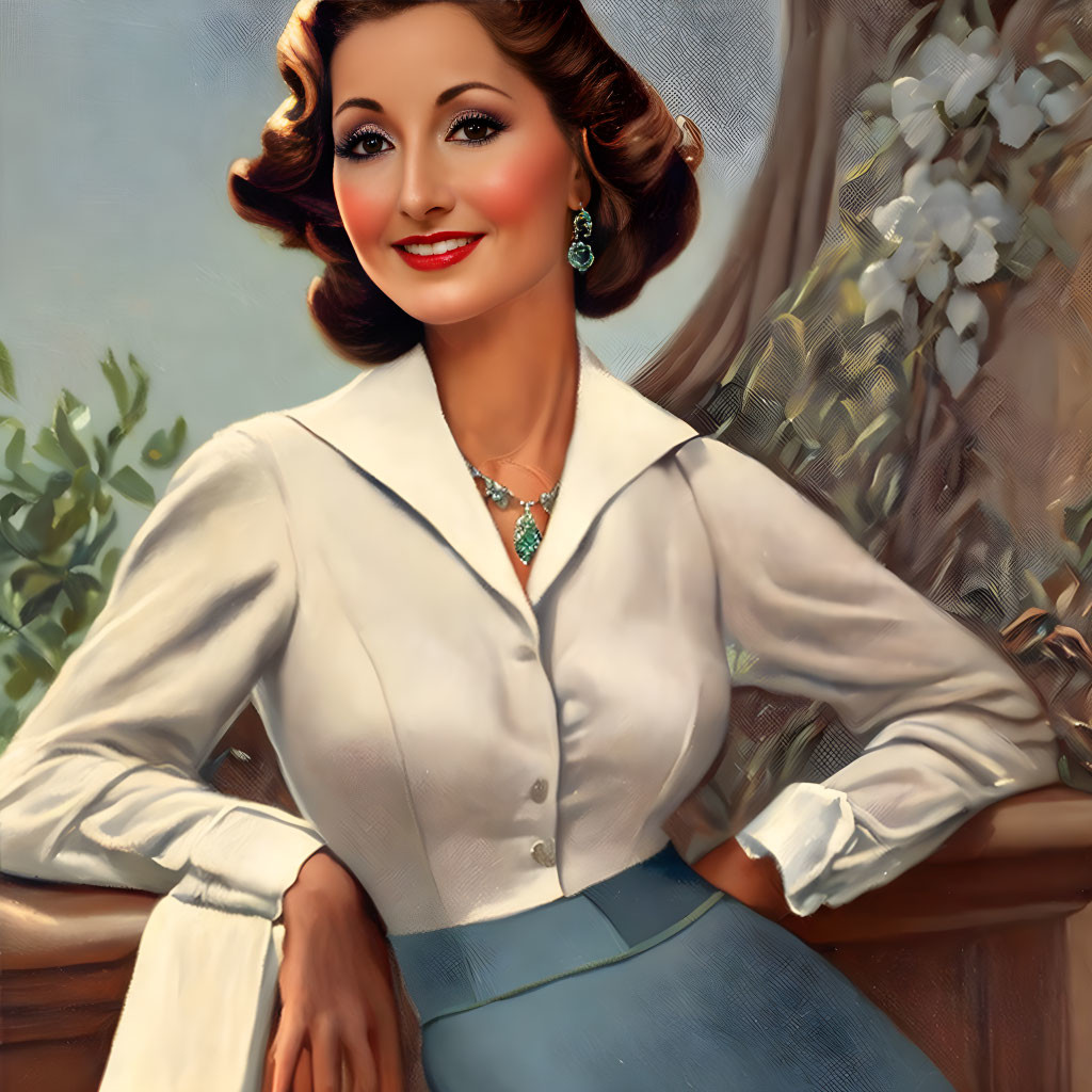 Vintage illustration of smiling woman with curled hair, white blouse, blue waistband, green earrings, necklace