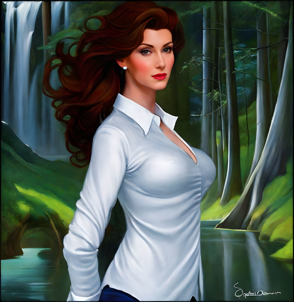 Digital art portrait of a woman with red hair in nature setting