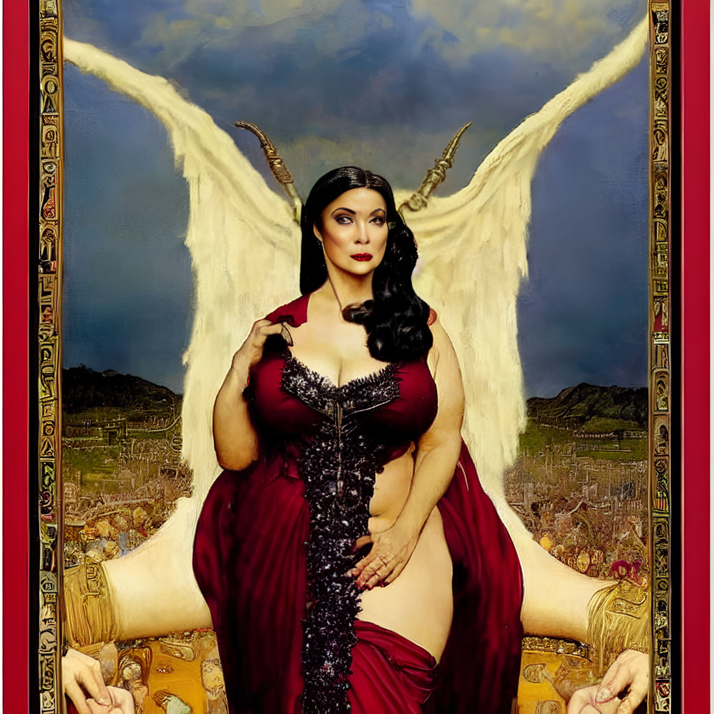 Stylized portrait of woman with angel wings in red dress against ornate golden frame