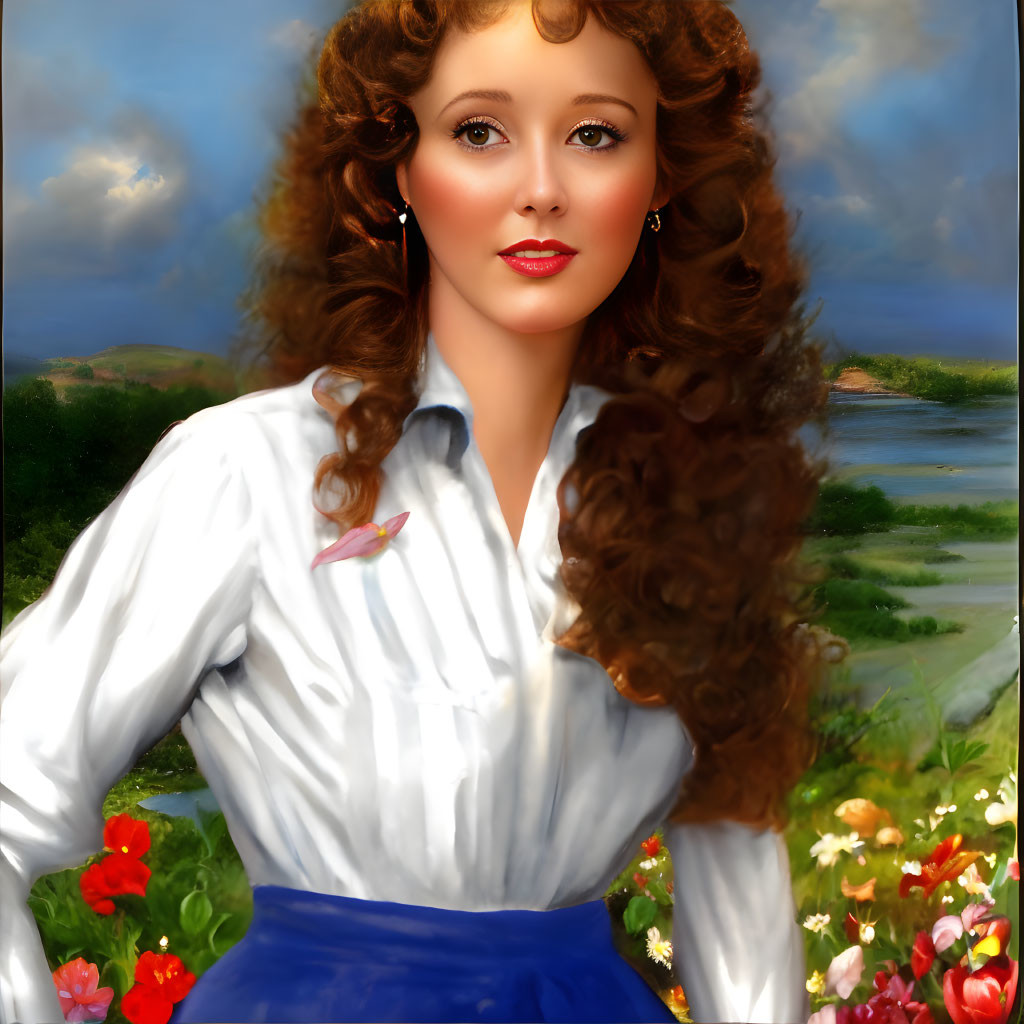 Portrait of woman with curly brown hair in white blouse and blue skirt against river landscape