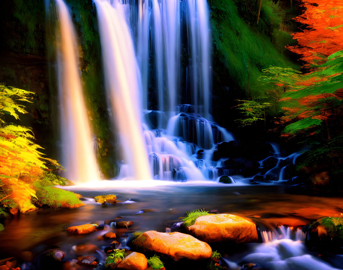 Tranquil waterfall in autumn setting with rocks and foliage