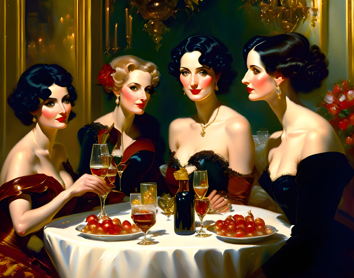 Elegantly dressed women at a table with wine and cherries