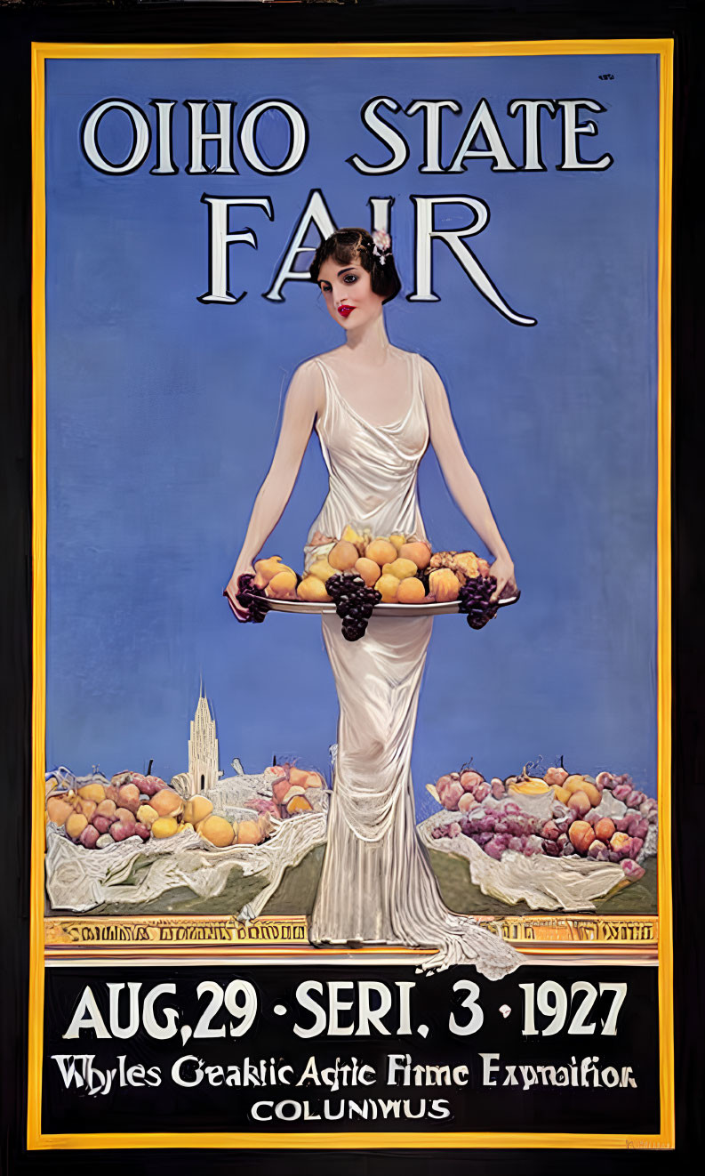 1927 Ohio State Fair Vintage Poster with Elegant Woman in White Dress Holding Fruit Tray