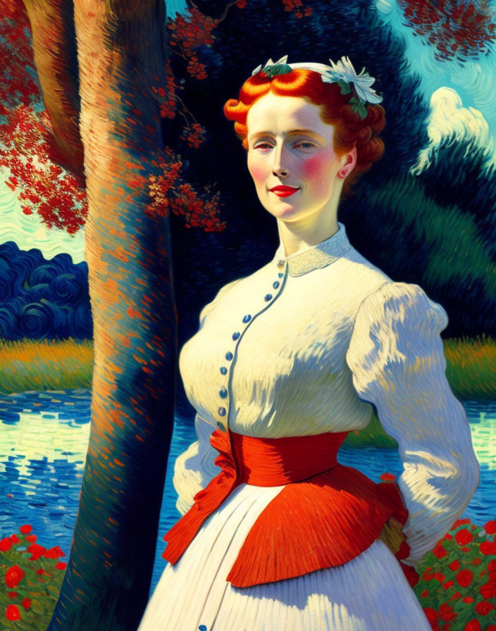 Vintage-style portrait of woman with red hair in white blouse by tree, scenic lake & flowers.