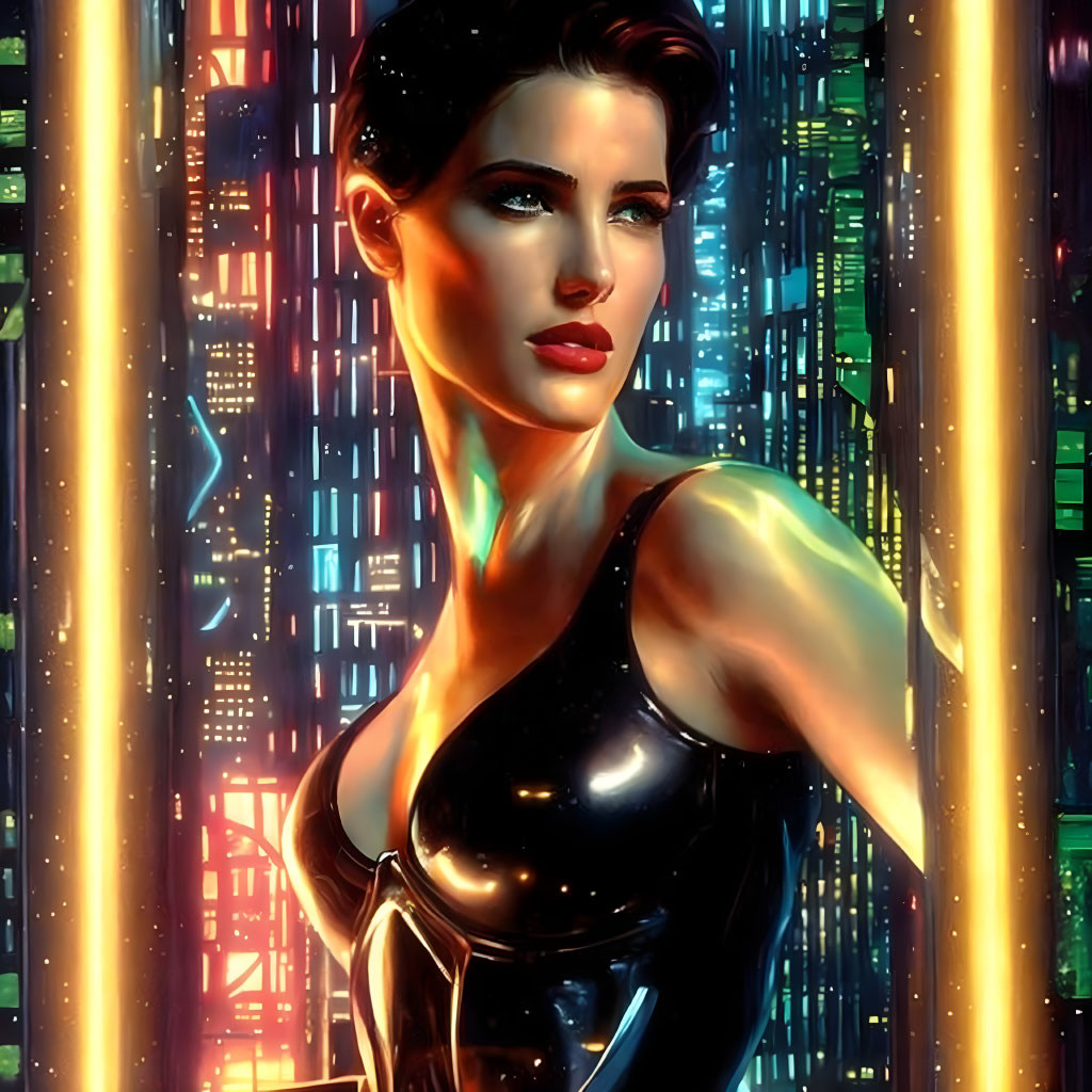 Stylized digital portrait of woman with short hair in neon-lit futuristic setting