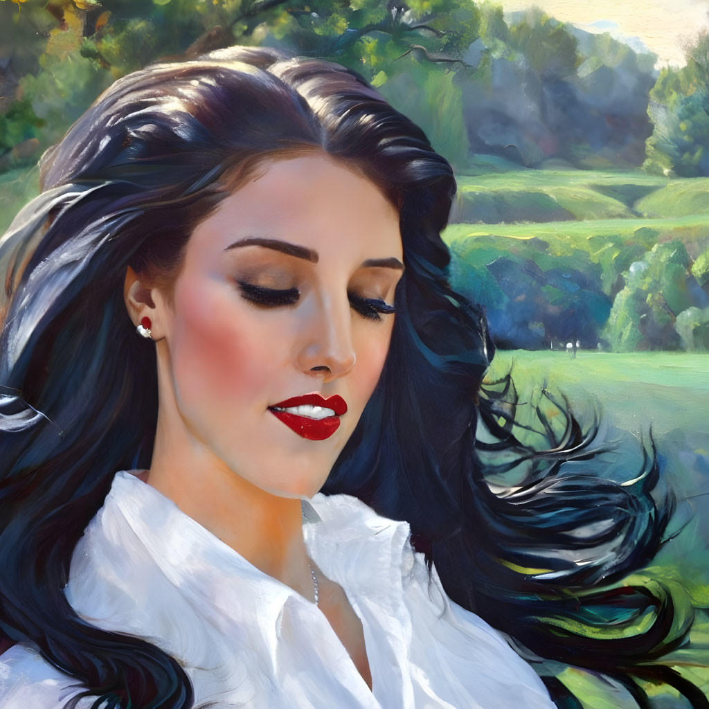 Dark-haired woman in white shirt with red lips, sunny landscape background