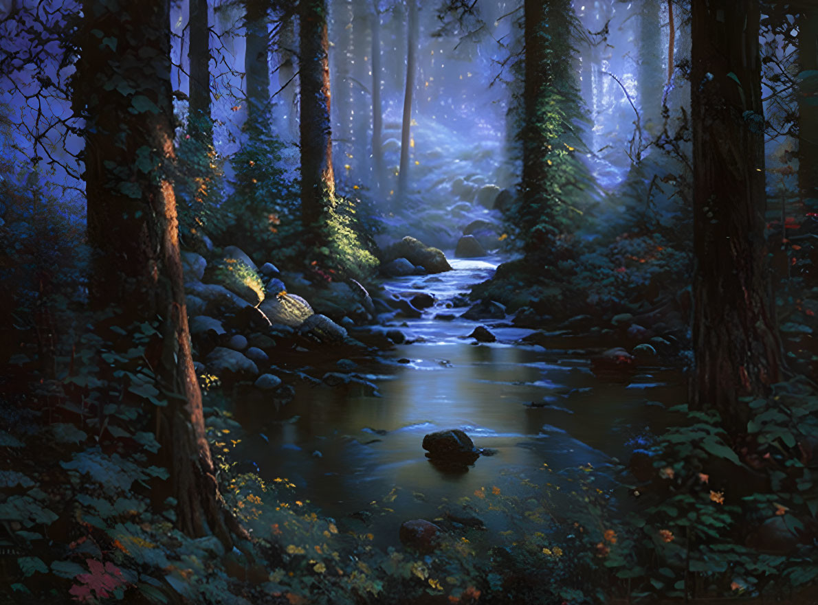 Twilight forest scene with glowing light, stream, moss-covered rocks