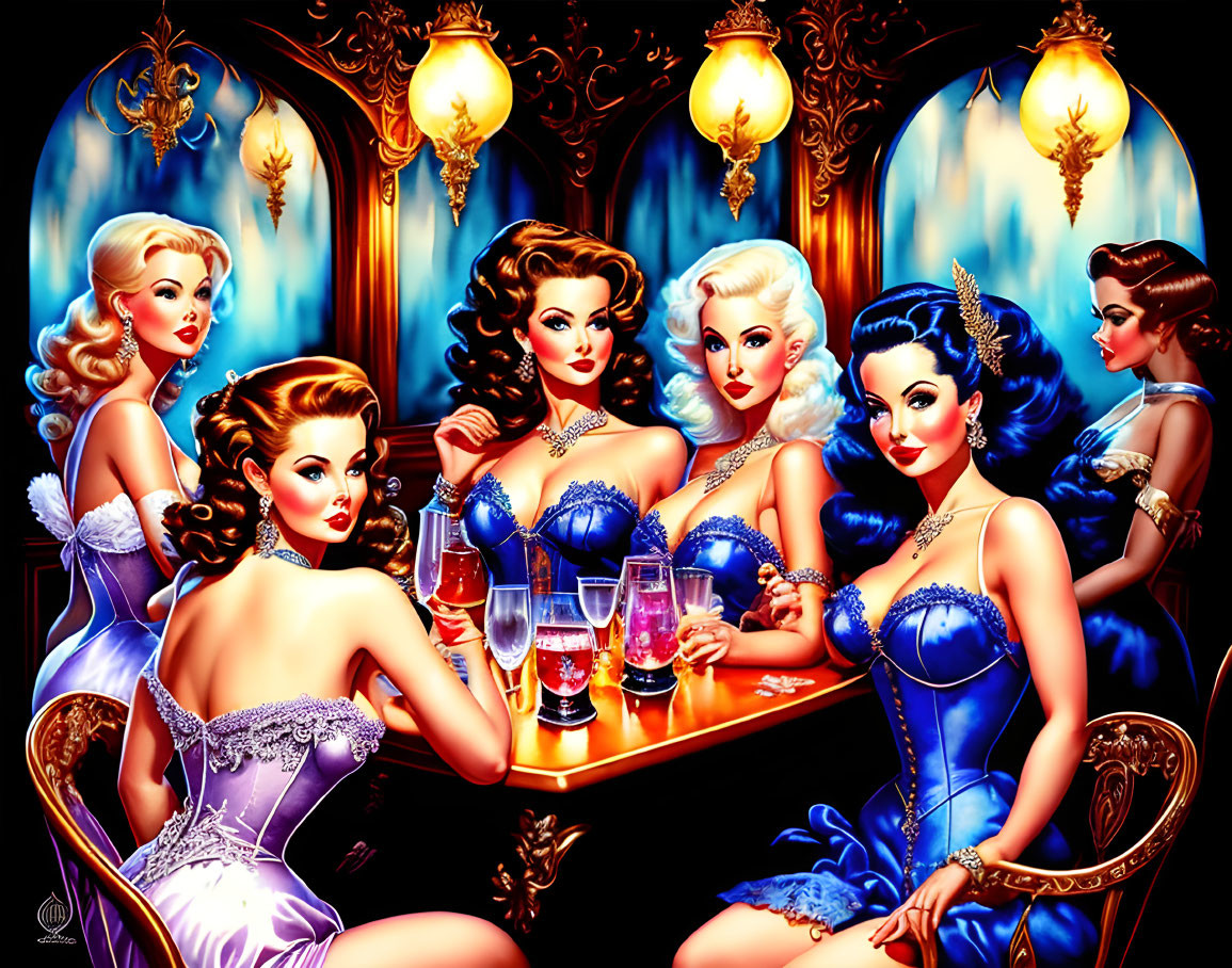 Five women in elegant blue and purple dresses at a luxurious table setting.