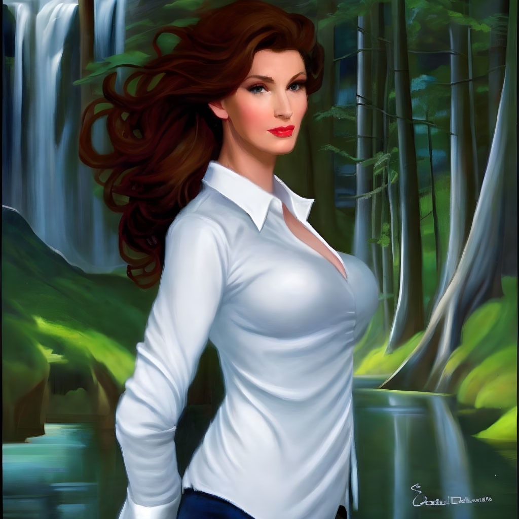 Digital portrait: Woman with red hair, white shirt, waterfalls backdrop