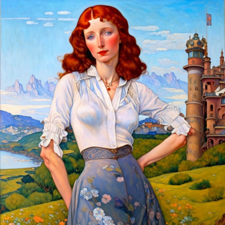 Stylized painting of red-haired woman in blue floral dress against fantasy landscape