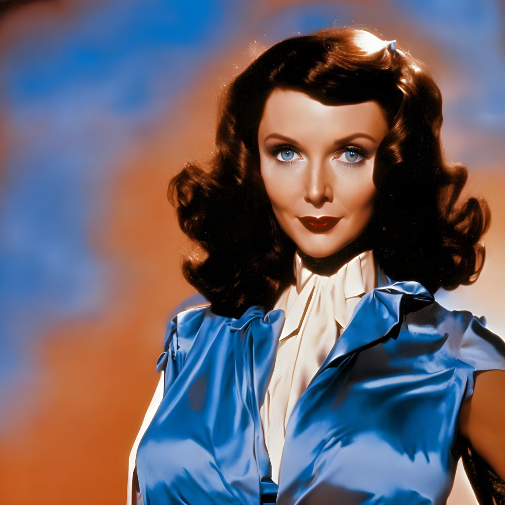 Vintage Portrait of Woman with Wavy Brunette Hair in Blue Blouse