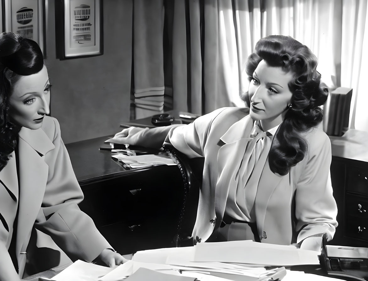 Vintage Hairstyle Women Discussing Papers in Office