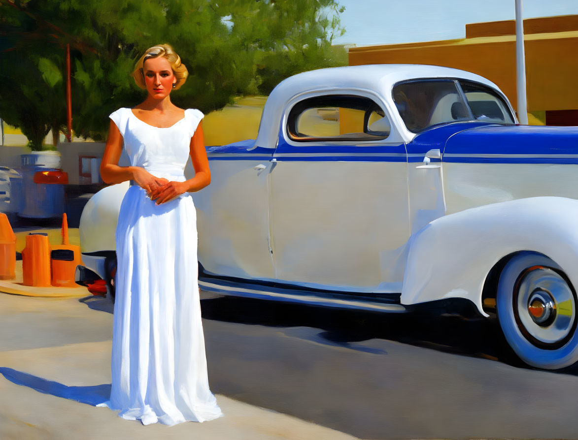 Woman in white dress next to classic car with traffic cones and buildings.