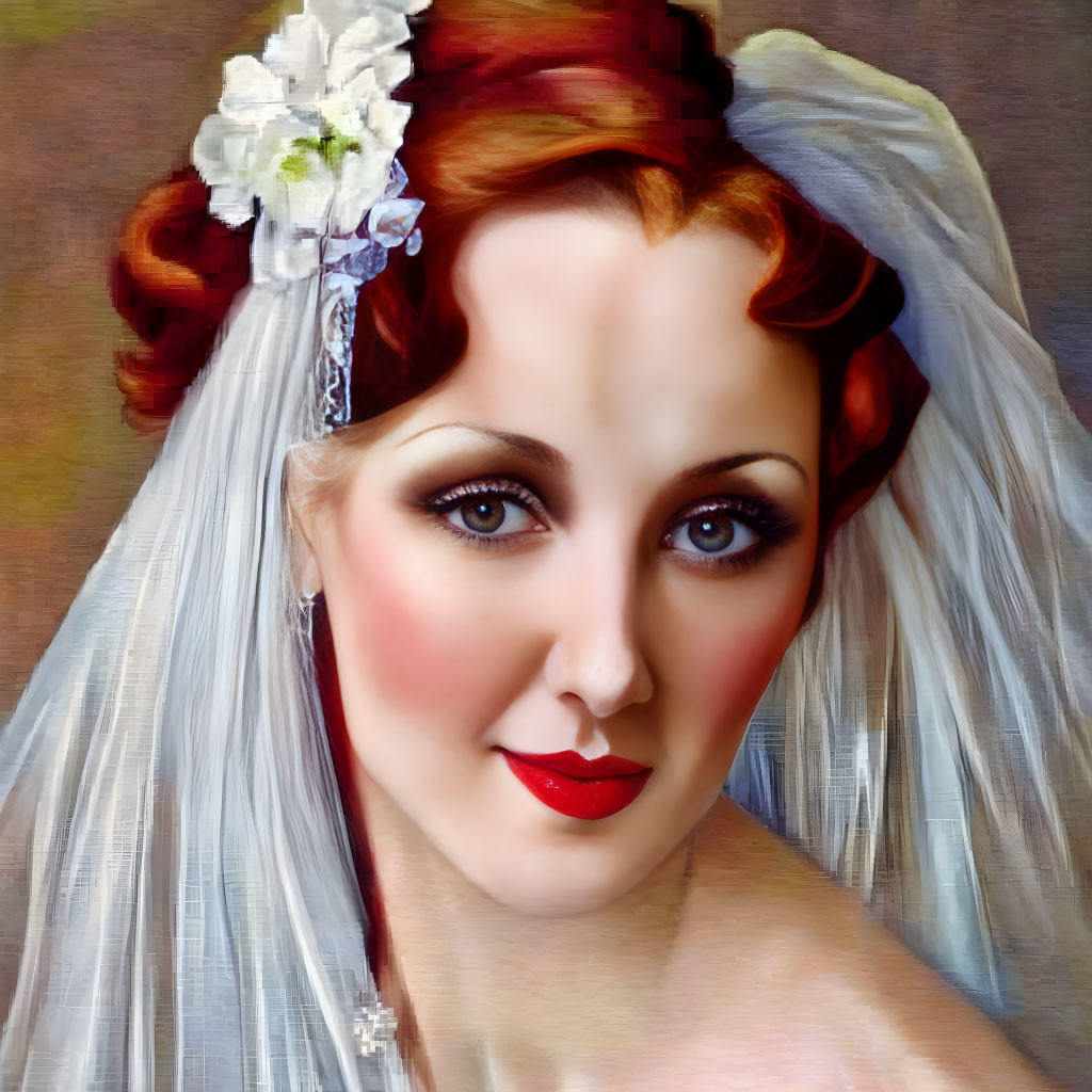 Portrait of woman with red hair in bridal veil and lipstick