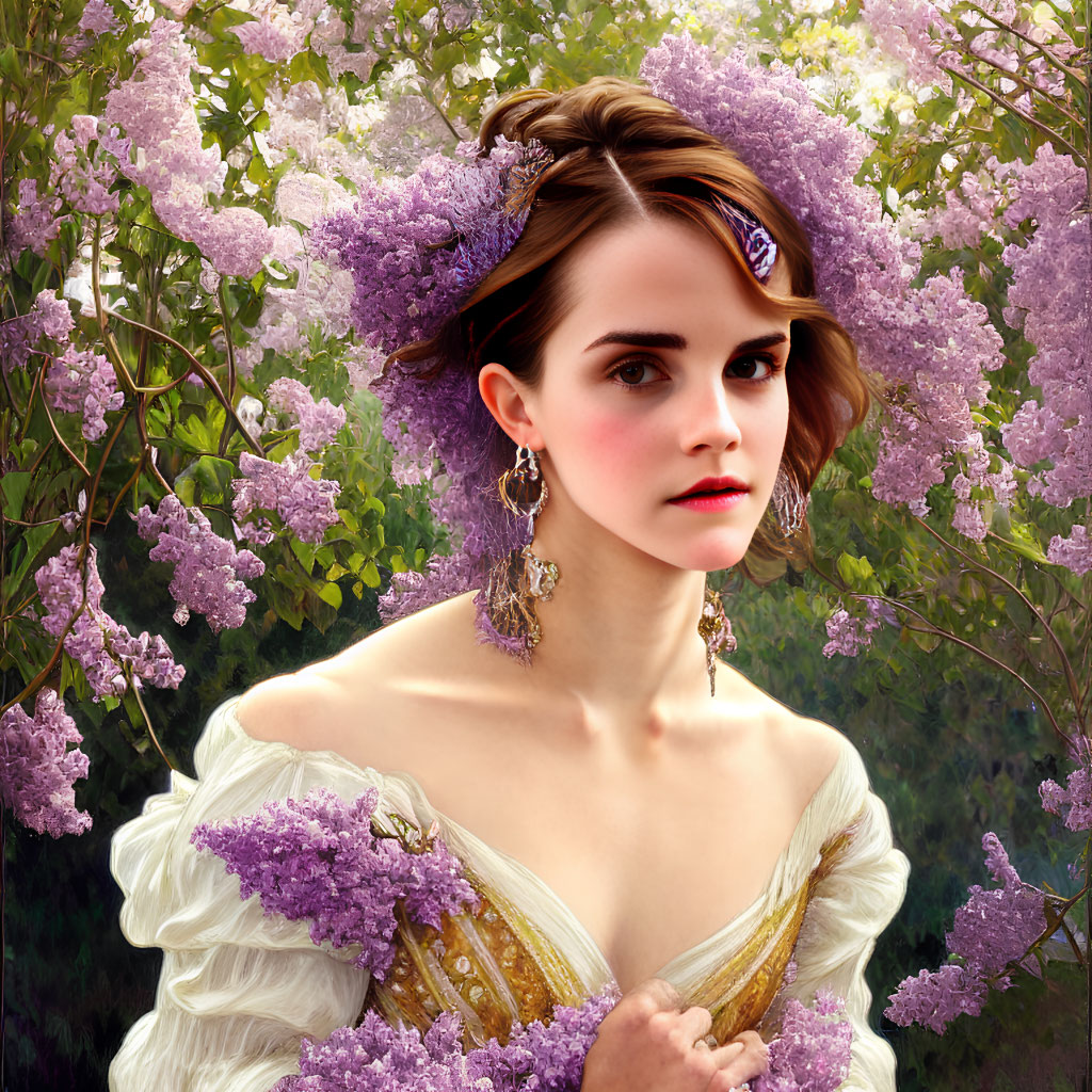 Elegant Updo Woman in Vintage Dress Among Lilac Blossoms