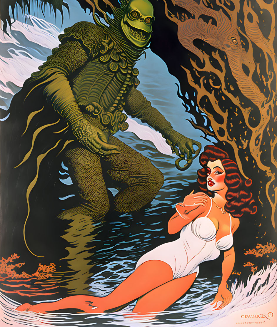 Vintage-style poster with green creature and woman in swimsuit by aquatic backdrop