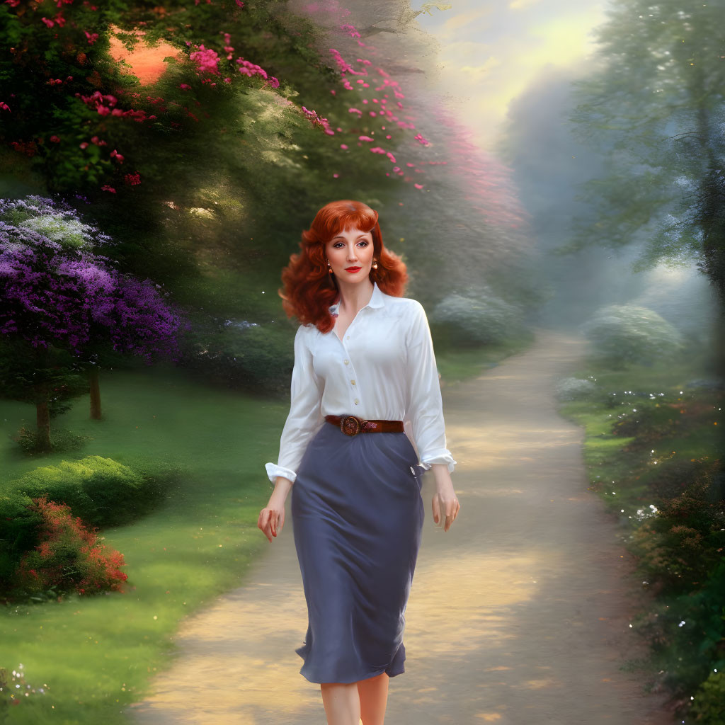 Red-haired woman walking in sunlit garden path