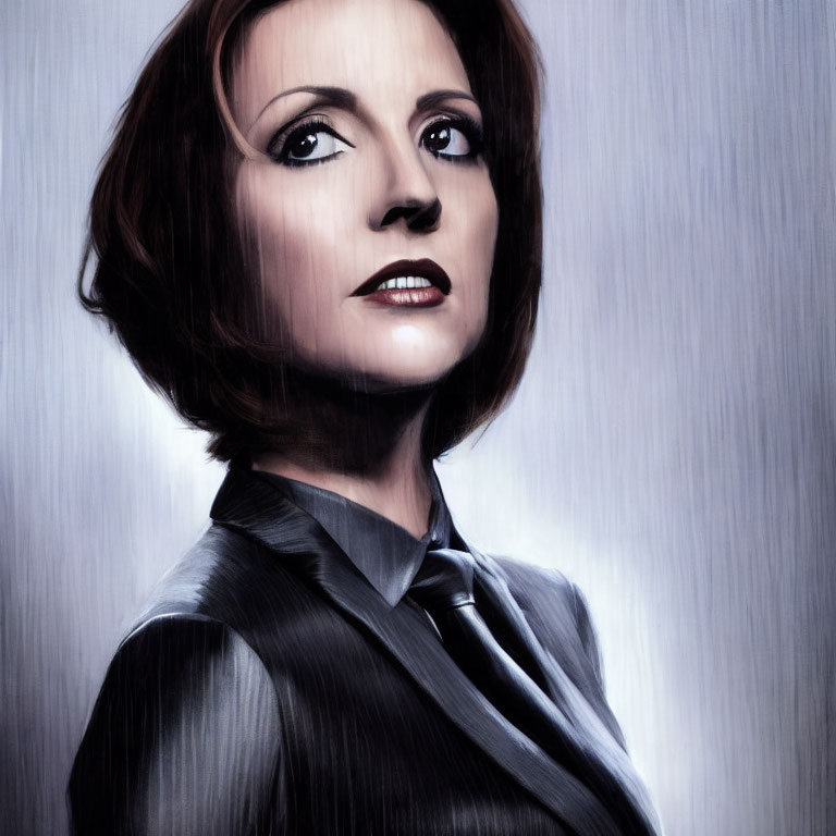 Stylized portrait of a woman with short brown hair and dark attire