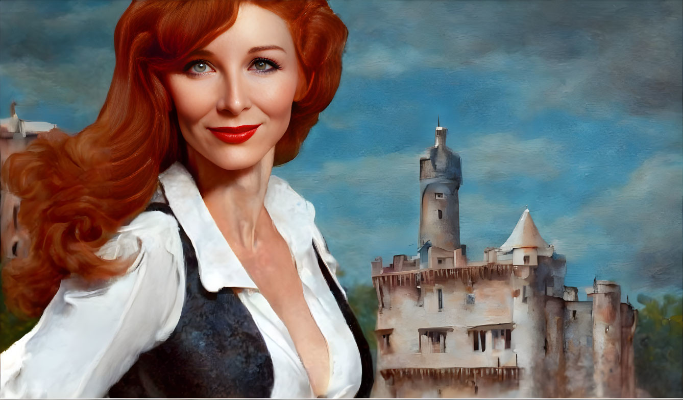 Smiling woman with red hair in front of castle under cloudy sky