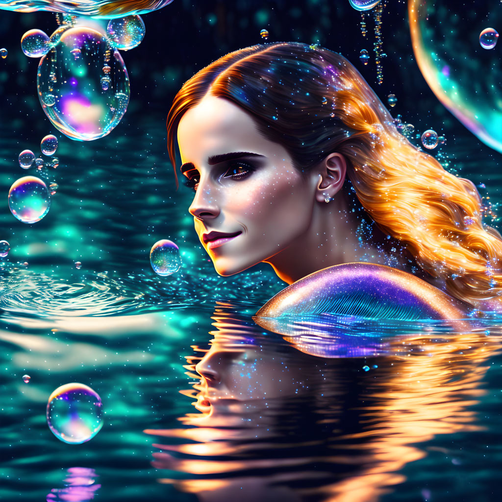 Digital artwork: Woman submerged in glowing water with luminescent bubbles.