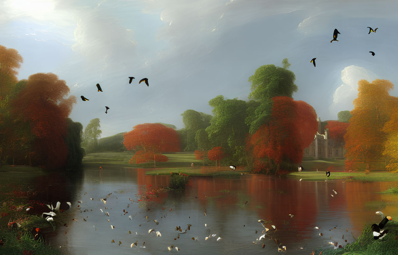 Tranquil autumn landscape with lake, birds, and colorful trees