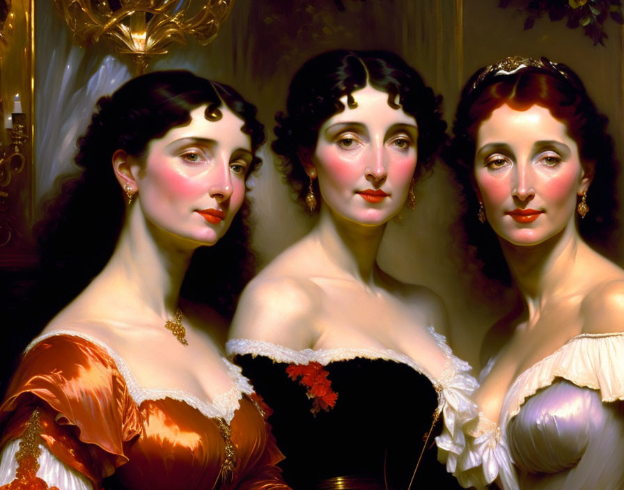 Three elegant women in historical painting with detailed attire and poised expressions