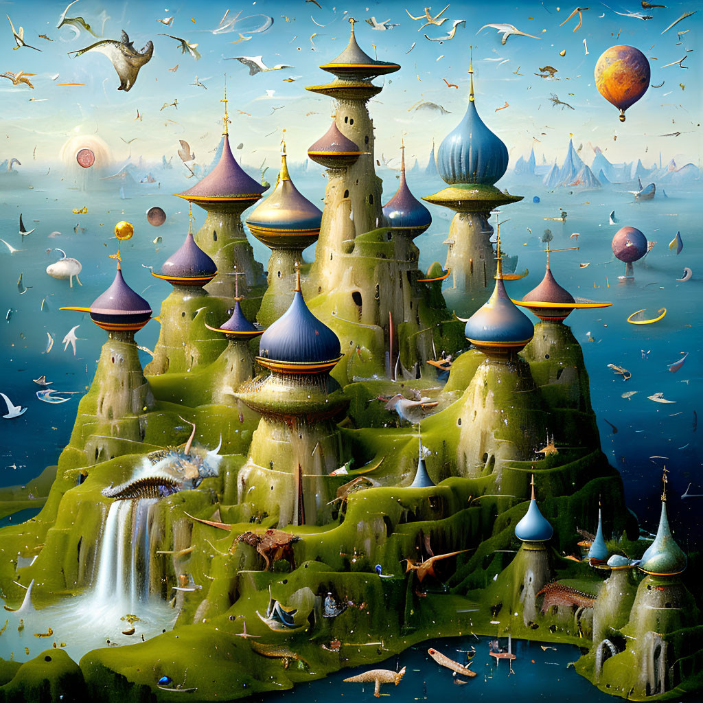 Whimsical Fantasy Landscape with Castles, Waterfalls, Birds, and Balloons